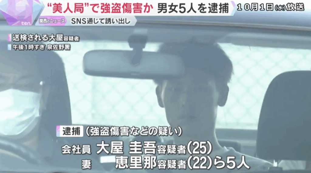 大屋圭吾　顔画像　犯行現場　公園　火葬場　大屋恵里那　　三木田寿稀　松本桐人　濱海斗　美人局の手口　20代男性をおびき出し暴行　携帯電話など奪い車に監禁・連れ去り　強盗　傷人　監禁　男女5人逮捕　大阪府警